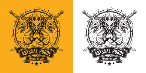 Abyssal Horde Serpentine Clan Hydra Logo, Three Headed Dragon Monster with Crossed Swords