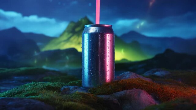 Chilled aluminum beverage can with neon glow and magical light beams in a mystical mountain night landscape.