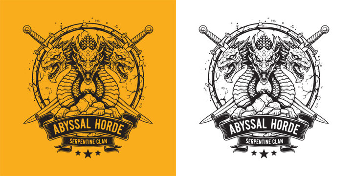 Abyssal Horde Serpentine Clan Hydra Logo, Three Headed Dragon Monster with Crossed Swords - Powered by Adobe