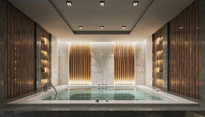 Symmetric Luxury Jacuzzi Bathtub in Modern Interior &ndash; Soft Water Flow 3D Render