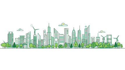 Fototapeta premium Green Cityscape With Modern Architecture And Lush Trees On White Background
