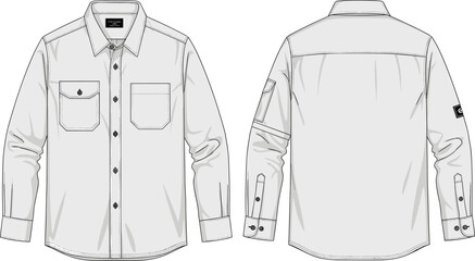 Men workwear shirt front and back view vector illustration long sleeve button pockets technical apparel design template fashion mockup outline