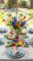 Elegant outdoor table setting with a vibrant floral centerpiece, fresh fruits, and fine dining utensils on a sunny day in a lush green garden.