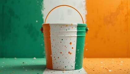 Paint bucket in Indian tricolor placed on matching color background best for patriotic branding, creative concepts, and modern design visuals