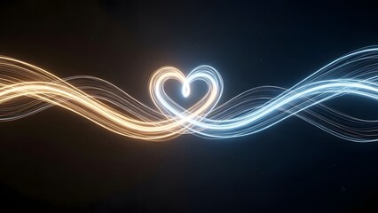 Abstract flowing light trails forming heart shape fusion of warm and cool colors dark background