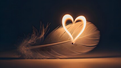 Flame shaped like heart on white feather against dark subtle background tender emotion symbolism