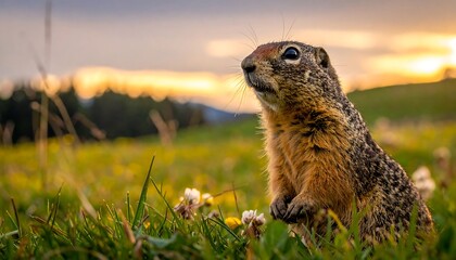 A curious ground squirrel pauses in a sun-drenched meadow at sunset.