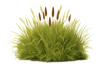Cattail and green marsh grass plants forming a natural bush cluster, showing fresh reeds and bulrush, with transparent background