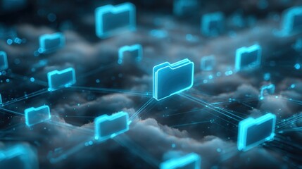 Digital Data Network: Conceptual digital folders interconnected by glowing lines, symbolizing the cloud, network, storage, information, and the seamless flow of data in the digital realm.