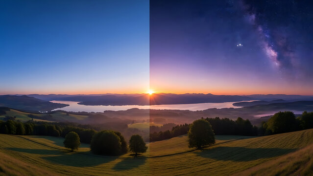 A stunning split image showcasing the same serene landscape transitioning from a vibrant daytime sunrise over a lake and rolling hills to a breathtaking night sky filled with the Milky Way and a cresc