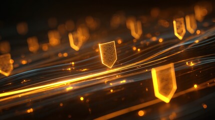 Digital Shield Serenade: A mesmerizing digital artwork features radiant, shield-shaped elements drifting through a cosmic dance of light and shadow, representing security and protection.