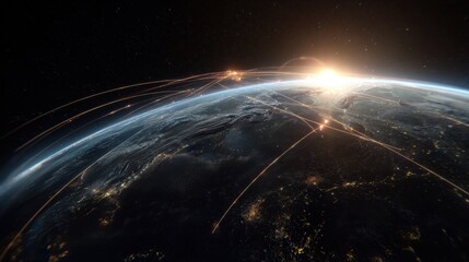 Global Connectivity: A mesmerizing view of Earth from space, crisscrossed by glowing lines of communication, illustrating the interconnectedness of our world, highlighting the dawn of innovation.