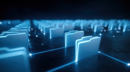 Digital Data Organization: A futuristic perspective of data management, with illuminated file folders linked together, representing the complex nature of information storage and retrieval.