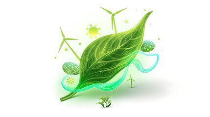 Vibrant Green Leaf Symbolizing Renewable Energy and Sustainability with Wind Turbines and Sun Illustration