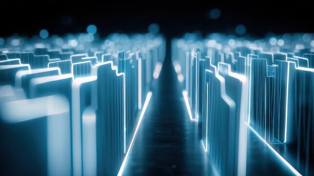Illuminated Files in Rows: Captivating image showcases a multitude of illuminated files, precisely arranged in symmetrical rows, creating an immersive ambiance. - Powered by Adobe