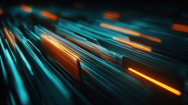 Digital Pathways: Abstract of data streams in motion, featuring vibrant orange streaks and glowing blue waves. A striking visual representing speed, data, and technology. - Powered by Adobe