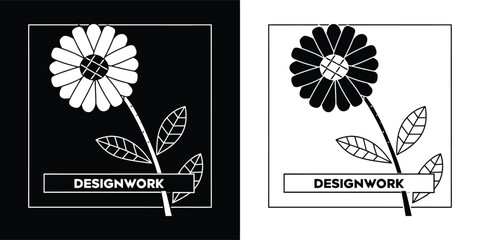 Abstract flower graphic with designwork text, showcasing contrasting black on white and white on black versions for modern branding