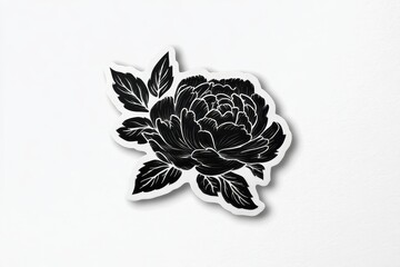 Black Ink Rose Floral Design on White Background with Leaves Sticker Style Minimalist Aesthetic Isolated Plant Close Up Still Life Illustration
