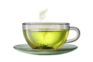 A closeup of a hot cup of green tea with mint leaves and lemon on a white saucer, creating a healthy herbal beverage isolated for breakfast