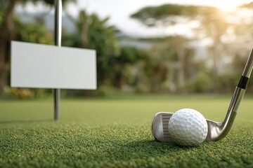Close up Golf Club About to Strike Golf Ball on Green with White Sign Against a Blurred Background