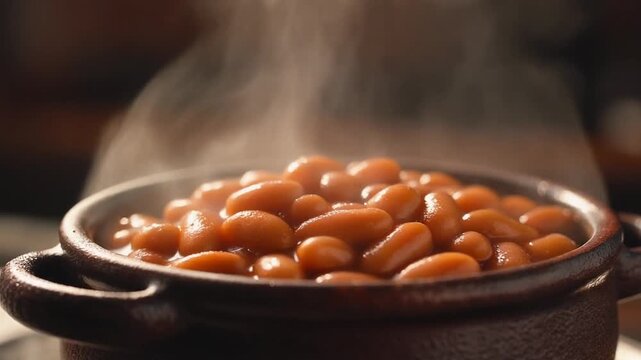 Steaming Hot Baked Beans in a Rustic Ceramic Pot on a Table