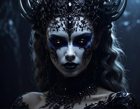 Portrait of a mysterious woman with ornate headpiece and glowing eyes