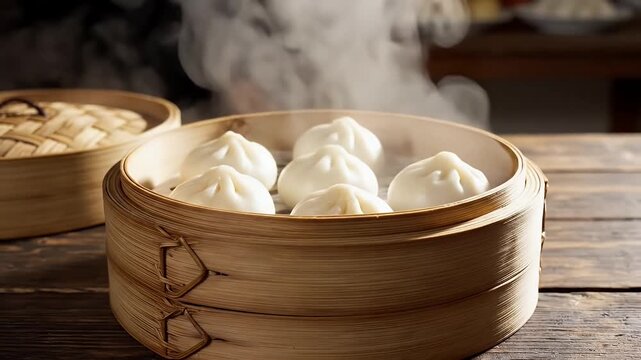 Steaming Chinese Dumplings in Bamboo Basket Close Up