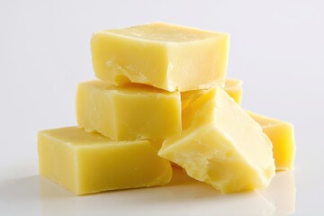 Close Up Stacked Yellow Cubes Against White Background With Selective Focus