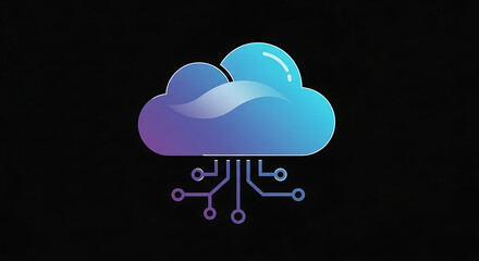 Illustration of a cloud connected to a circuit board on a black background design element