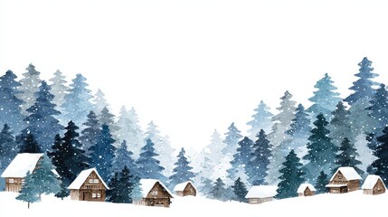 Cozy Winter Village Nestled Among Snow Covered Pine Trees with Gentle Snowfall