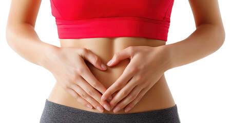 Woman's torso with hands forming heart shape over abdomen, isolated on transparent background