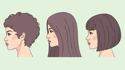 Diverse Hairstyles Showcase - Curly, Straight, and Bob Cuts in Profile.