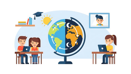 Students learning online across different time zones with a globe representing global education and remote study opportunities.