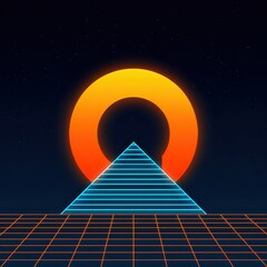 Geometric Pyramid and Ring Composition with a Starry Night Background and Orange and Blue Color Scheme