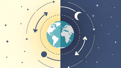 Illustration depicting the Earth's rotation, showing the cycle of day and night with sun and moon symbols.