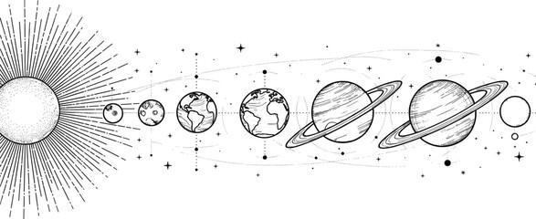 Stylized solar system vector, black and white planetary orbit illustration, astronomy concept art, celestial bodies arrangement, educational space science graphic © MSTESMOTARA