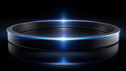 Futuristic Metallic Ring with Blue Glowing Edges Against Dark Reflective Background Shows Abstract Concept, Minimalism Design with Studio Lighting and High Contrast