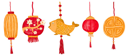 Cute set of watercolor chinese lunar new year decoration red bright lanterns kids doodle clipart illustration sticker png © doodlyanddeva