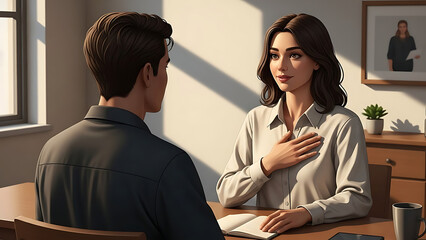 A woman with dark hair gestures with her hand on her chest while speaking to a man in an office setting.