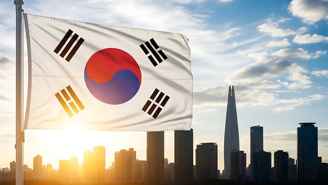 South korea flag waving over city skyline at sunset