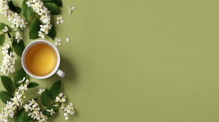 Overhead Flat Lay of White Tea Cup with Herbal Drink and Blossoming White Flowers on Green Background