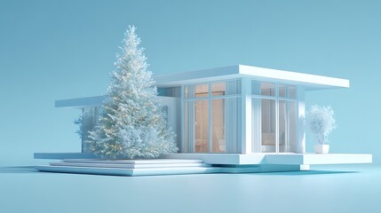 Minimalist modern architecture featuring a frosted white christmas tree with soft yellow lights in a stark blue winter setting