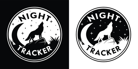 Howling wolf silhouette logo with crescent moon and stars, a night tracker emblem for outdoor adventures and wilderness themes