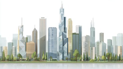 Panoramic Cityscape Illustration Featuring Modern Skyscrapers Trees and a Tranquil Waterline