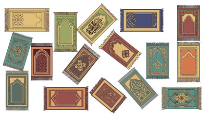 Islamic prayer mats collection with ornate designs.