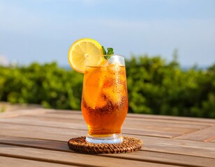 Refreshing summer drink on wooden table outdoors