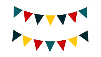 Two strings of colorful triangular bunting flags in red, yellow, and teal, hanging festively against a white background.