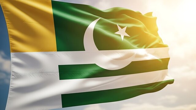 Azad kashmir flag waving in the sky with sunlight
