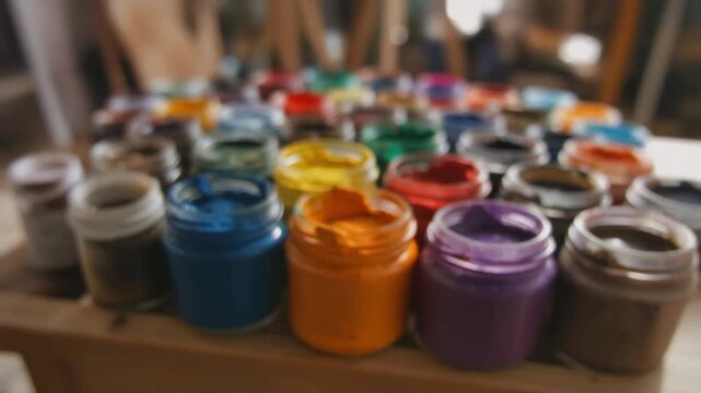 Vibrant Assortment of Colorful Paint Jars for Artistic Creation