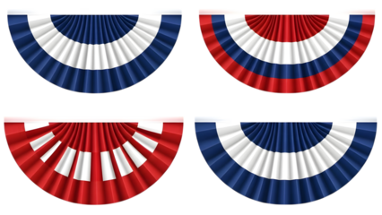 Four patriotic pleated fabric buntings in red, white, and blue colors, fan-shaped for festive decorations.